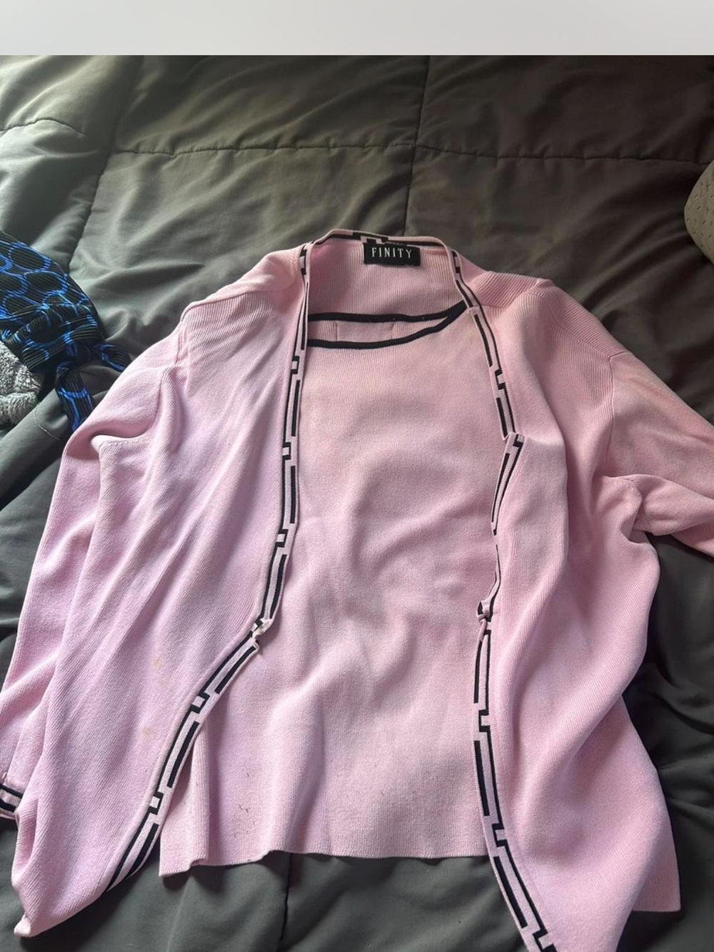Finity Light Pink Open-Front Knit Jacket with Black Trim with tank top (medium)